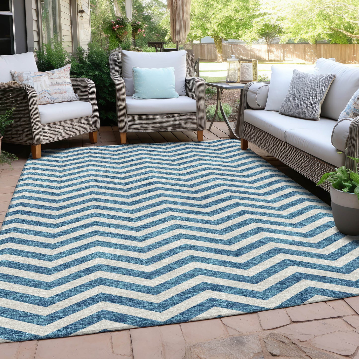 Tabselect Home Line 8' X 10' Teal Blue And Ivory Chevron Washable Indoor Outdoor Area Rug
