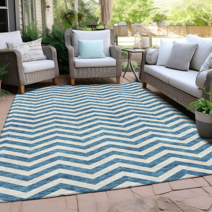 Tabselect Home Line 8' X 10' Teal Blue And Ivory Chevron Washable Indoor Outdoor Area Rug