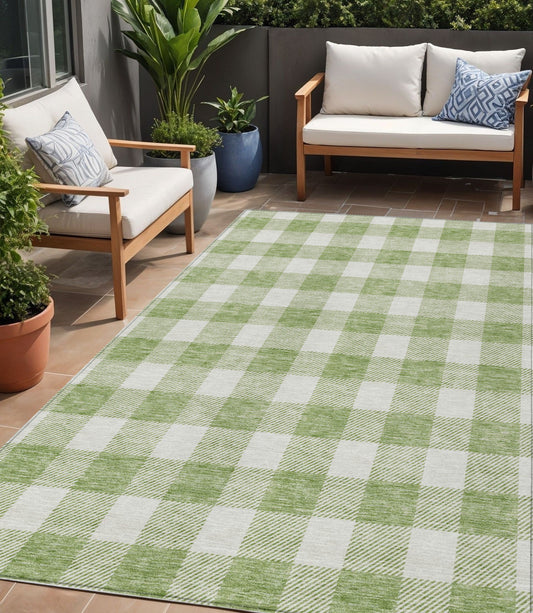 Tabselect Home Line 5' X 8' Artichoke Green And Gray Plaid Washable Indoor Outdoor Area Rug