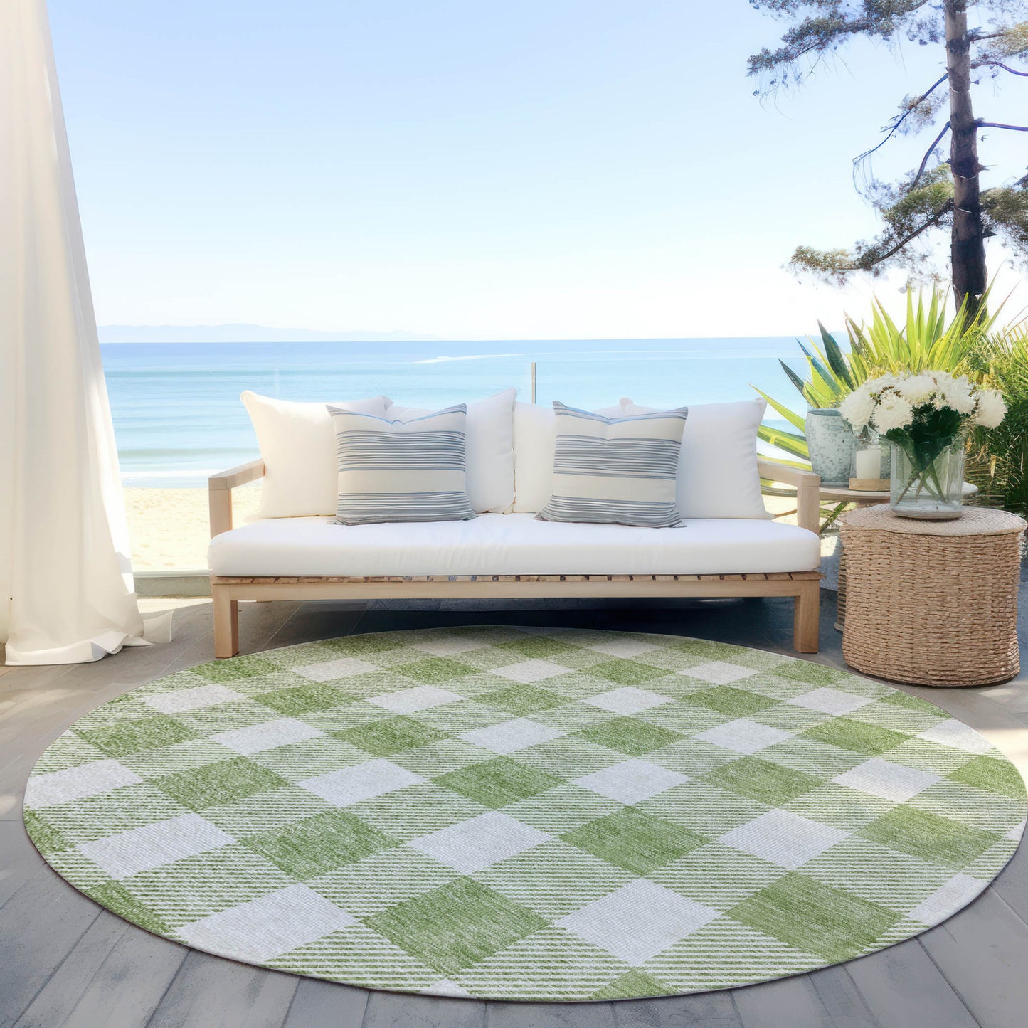 Tabselect Home Line 8' Artichoke Green And Gray Round Plaid Washable Indoor Outdoor Area Rug