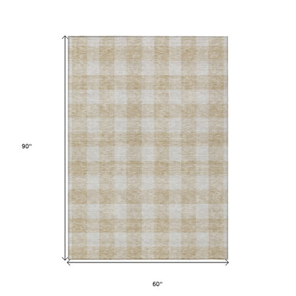 Tabselect Home Line 5' X 8' Beige And Gray Plaid Washable Indoor Outdoor Area Rug