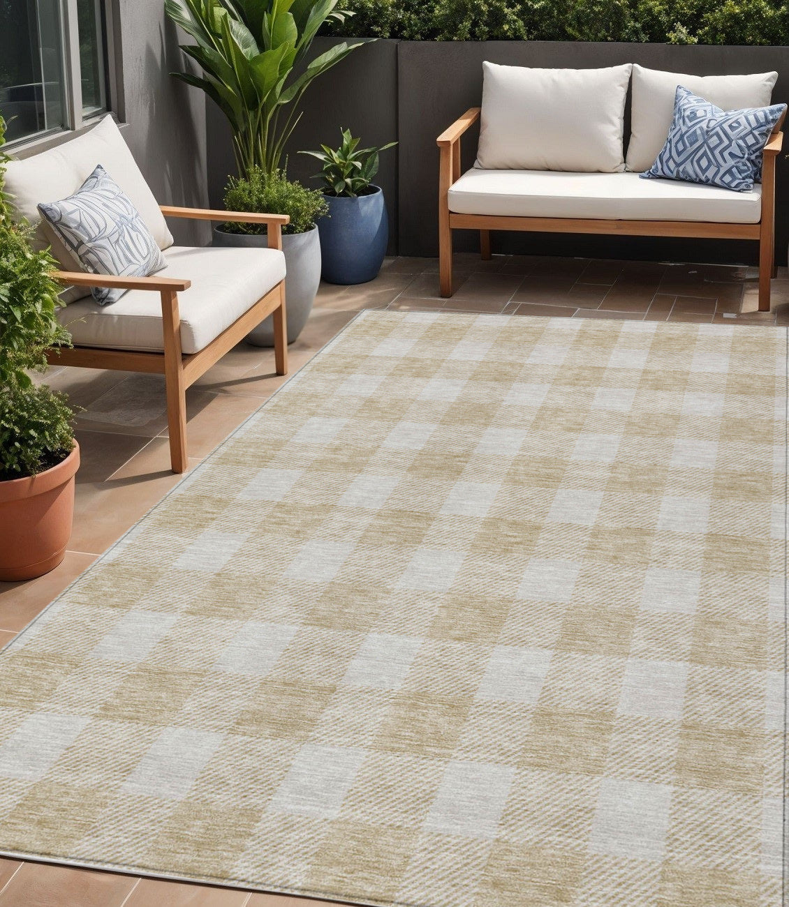 Tabselect Home Line 5' X 8' Beige And Gray Plaid Washable Indoor Outdoor Area Rug