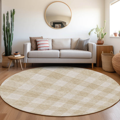 Tabselect Home Line 8' Beige And Gray Round Plaid Washable Indoor Outdoor Area Rug