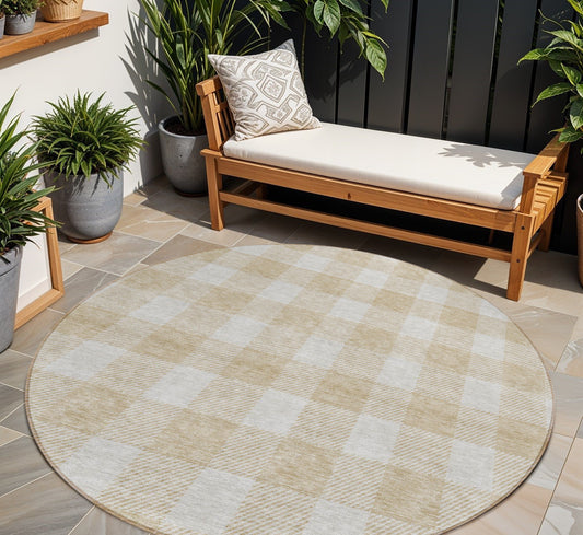 Tabselect Home Line 8' Beige And Gray Round Plaid Washable Indoor Outdoor Area Rug
