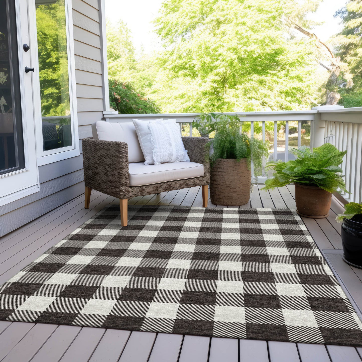 Tabselect Home Line 5' X 8' Black And Gray Plaid Washable Indoor Outdoor Area Rug