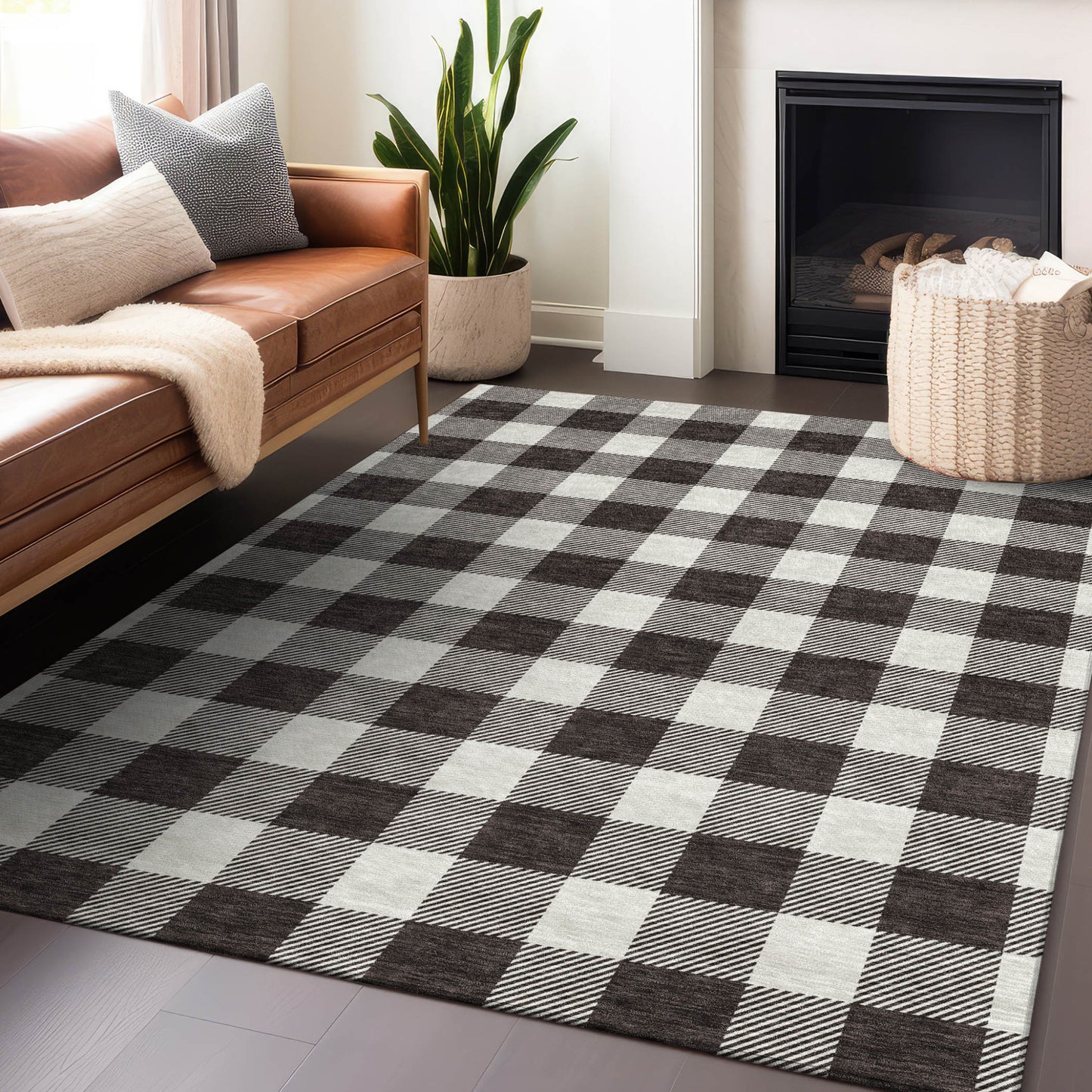 Tabselect Home Line 5' X 8' Black And Gray Plaid Washable Indoor Outdoor Area Rug