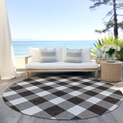 Tabselect Home Line 8' Black And Gray Round Plaid Washable Indoor Outdoor Area Rug