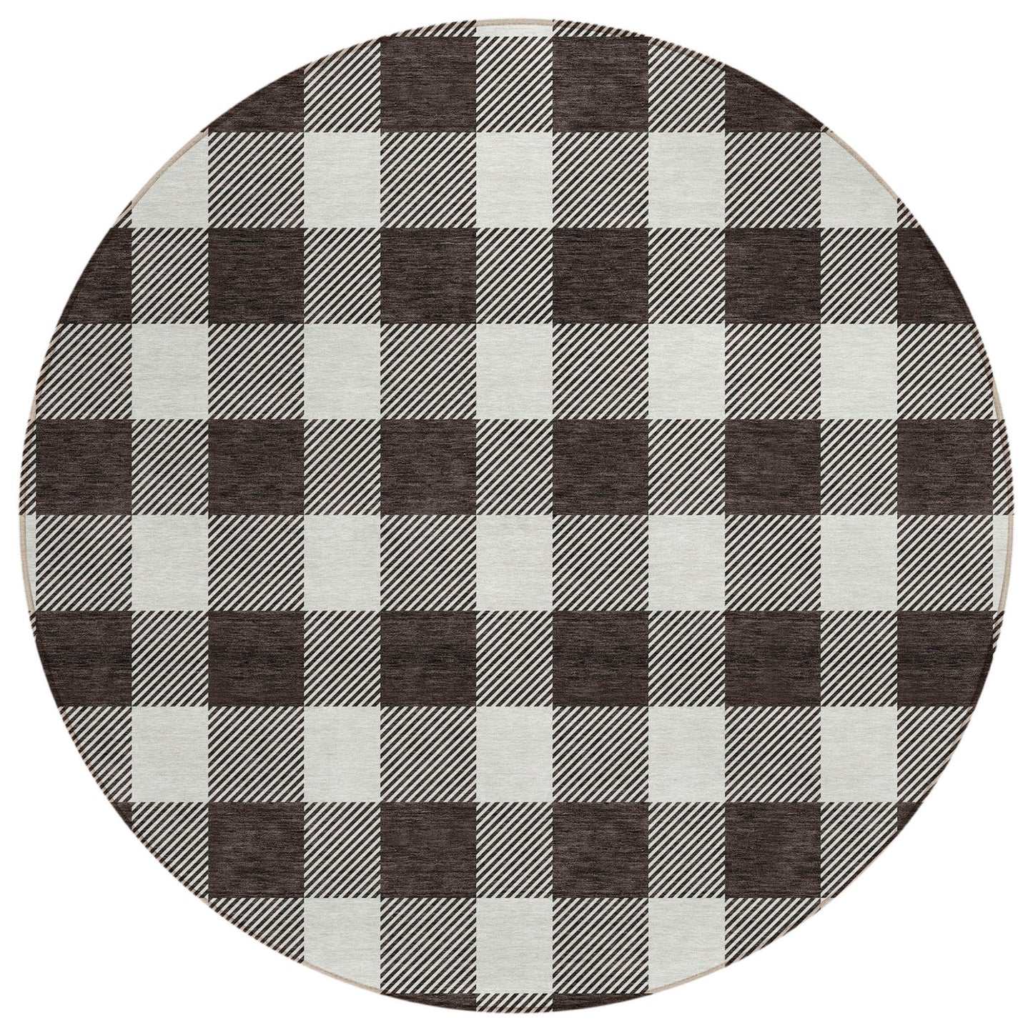 Tabselect Home Line 8' Black And Gray Round Plaid Washable Indoor Outdoor Area Rug