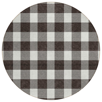 Tabselect Home Line 8' Black And Gray Round Plaid Washable Indoor Outdoor Area Rug