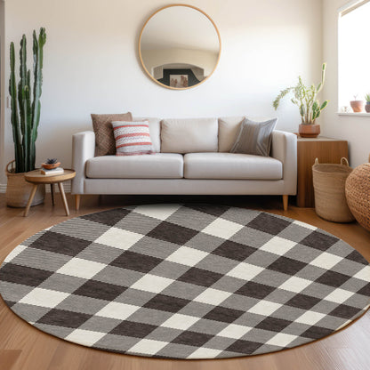 Tabselect Home Line 8' Black And Gray Round Plaid Washable Indoor Outdoor Area Rug