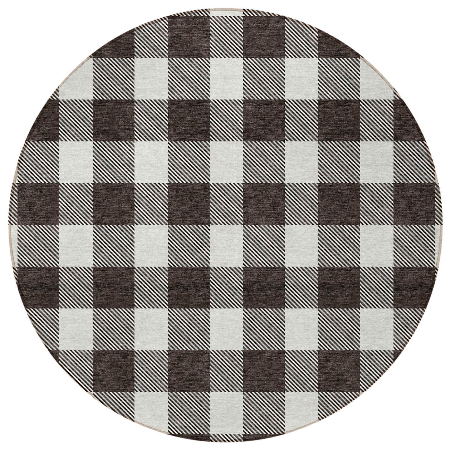 Tabselect Home Line 8' Black And Gray Round Plaid Washable Indoor Outdoor Area Rug