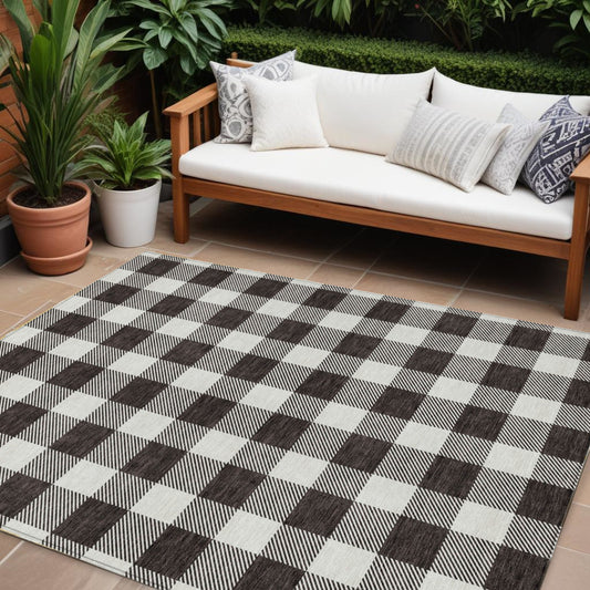 Tabselect Home Line 8' X 10' Black And Gray Plaid Washable Indoor Outdoor Area Rug