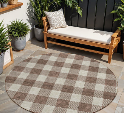 Tabselect Home Line 8' Brown And Beige Round Plaid Washable Indoor Outdoor Area Rug