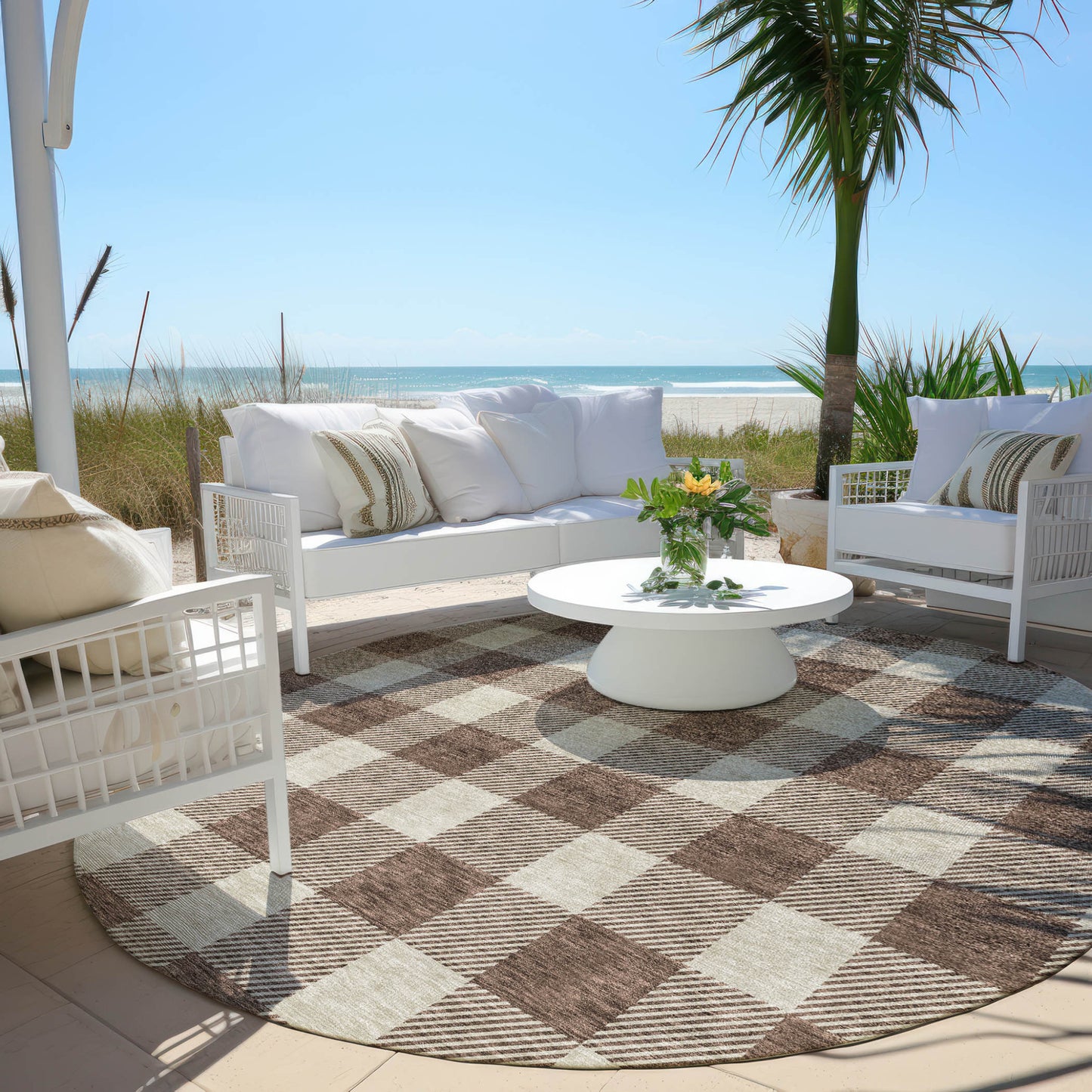 Tabselect Home Line 8' Brown And Beige Round Plaid Washable Indoor Outdoor Area Rug