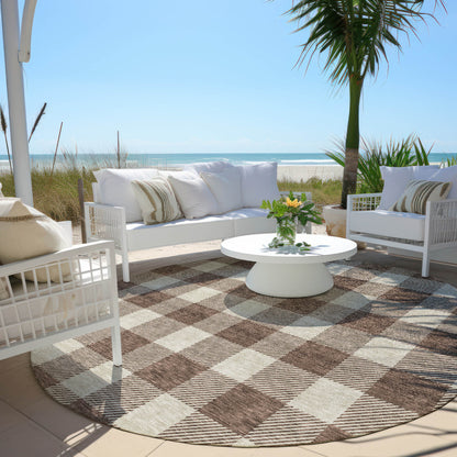 Tabselect Home Line 8' Brown And Beige Round Plaid Washable Indoor Outdoor Area Rug