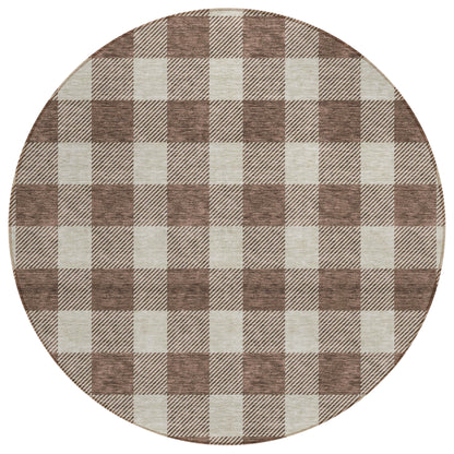 Tabselect Home Line 8' Brown And Beige Round Plaid Washable Indoor Outdoor Area Rug
