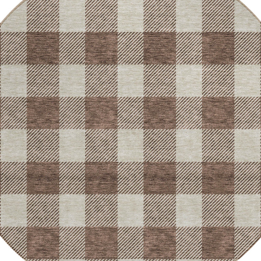 Tabselect Home Line 8' Brown And Beige Round Plaid Washable Indoor Outdoor Area Rug