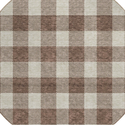 Tabselect Home Line 8' Brown And Beige Round Plaid Washable Indoor Outdoor Area Rug
