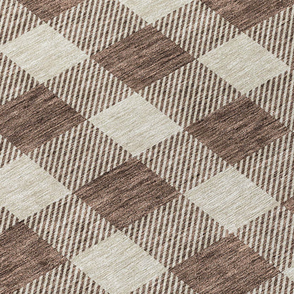 Tabselect Home Line 8' Brown And Beige Round Plaid Washable Indoor Outdoor Area Rug