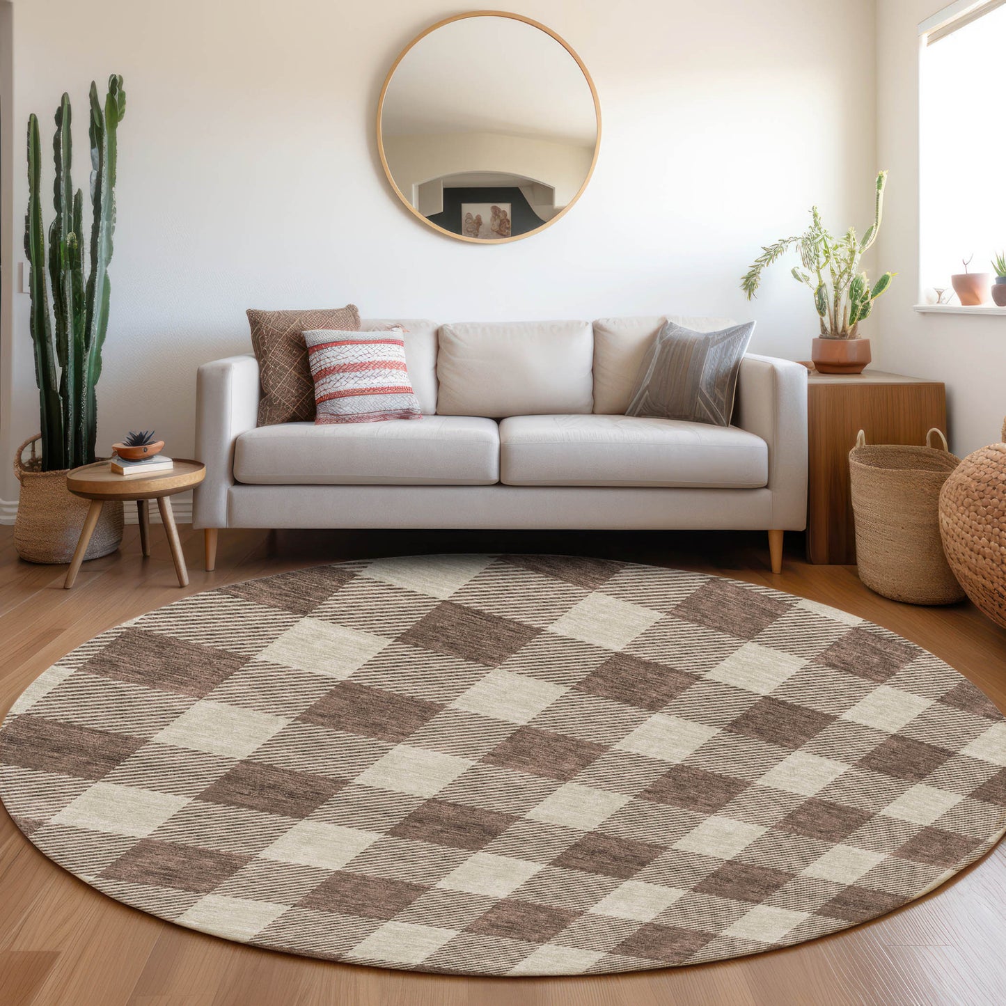 Tabselect Home Line 8' Brown And Beige Round Plaid Washable Indoor Outdoor Area Rug