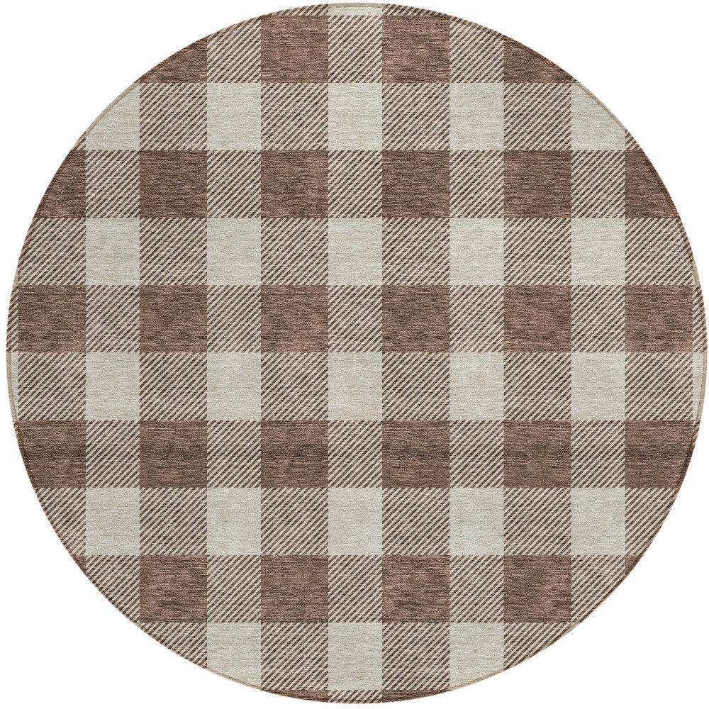 Tabselect Home Line 8' Brown And Beige Round Plaid Washable Indoor Outdoor Area Rug