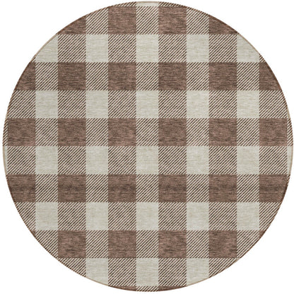 Tabselect Home Line 8' Brown And Beige Round Plaid Washable Indoor Outdoor Area Rug