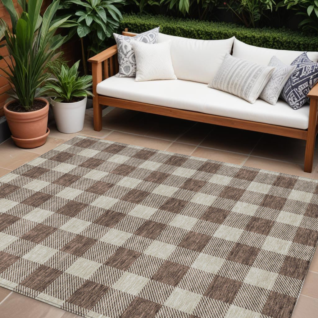 Tabselect Home Line 8' X 10' Brown And Beige Plaid Washable Indoor Outdoor Area Rug
