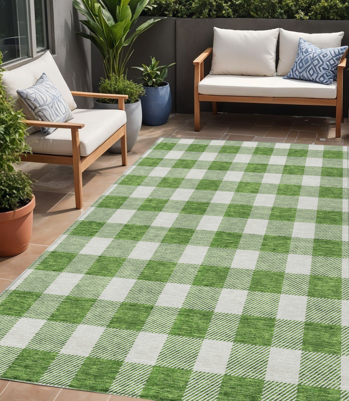 Tabselect Home Line 5' X 8' Green And Gray Plaid Washable Indoor Outdoor Area Rug