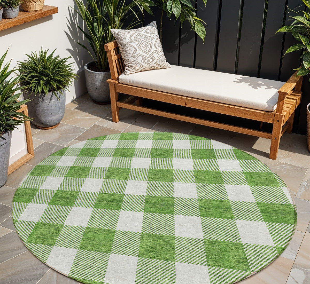 Tabselect Home Line 8' Green And Gray Round Plaid Washable Indoor Outdoor Area Rug