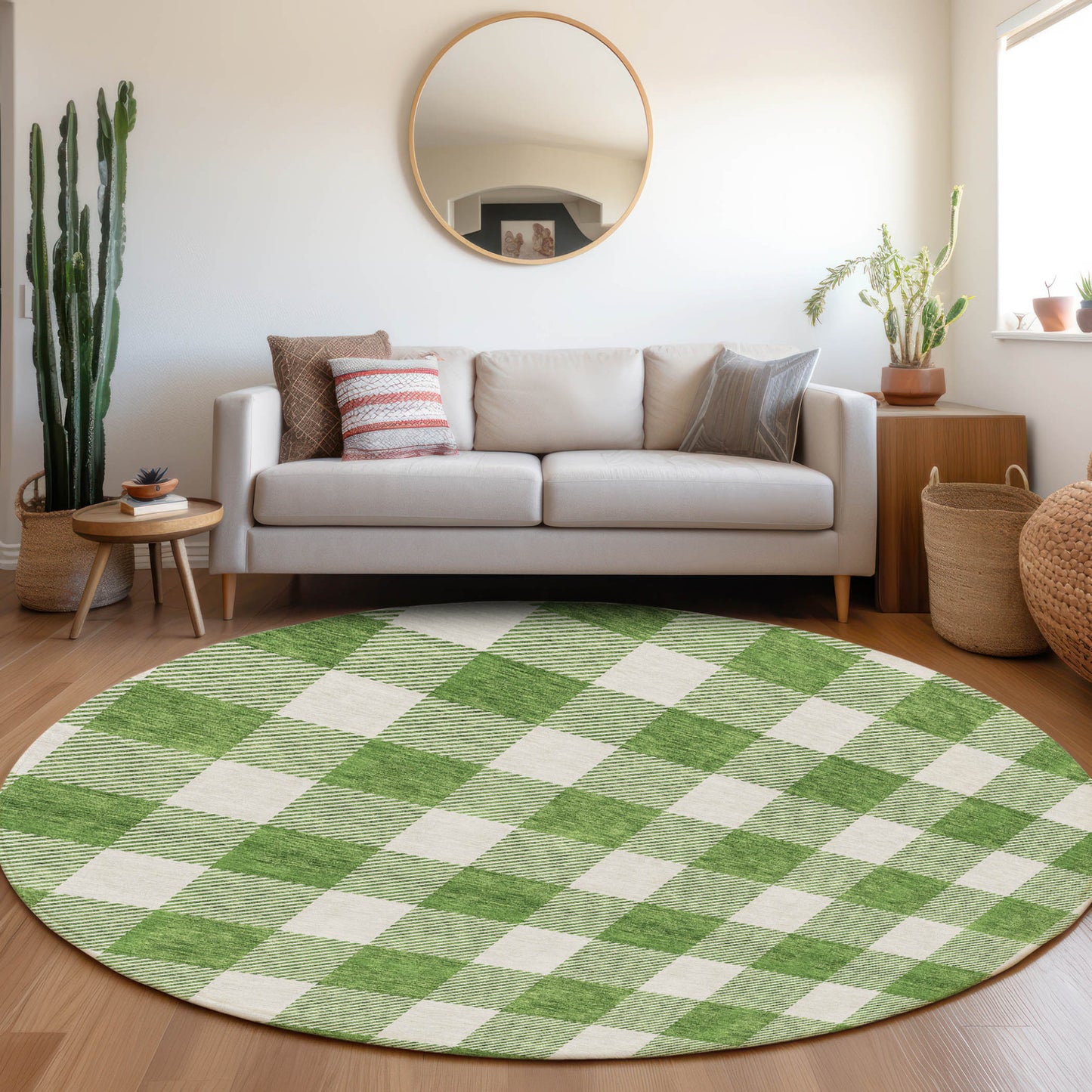 Tabselect Home Line 8' Green And Gray Round Plaid Washable Indoor Outdoor Area Rug