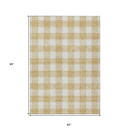 Tabselect Home Line 5' X 8' Gold And Beige Plaid Washable Indoor Outdoor Area Rug