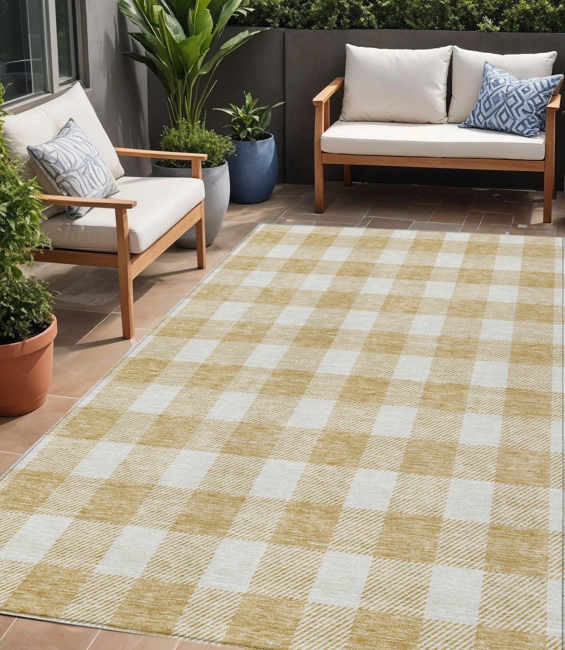 Tabselect Home Line 5' X 8' Gold And Beige Plaid Washable Indoor Outdoor Area Rug