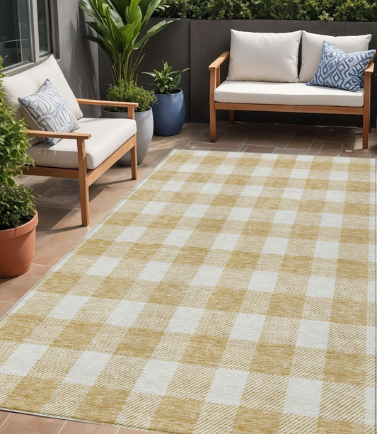 Tabselect Home Line 5' X 8' Gold And Beige Plaid Washable Indoor Outdoor Area Rug