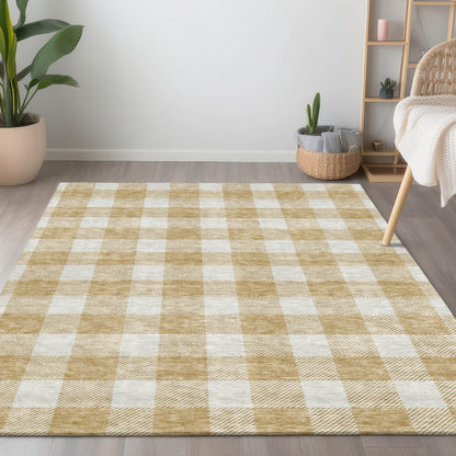 Tabselect Home Line 5' X 8' Gold And Beige Plaid Washable Indoor Outdoor Area Rug