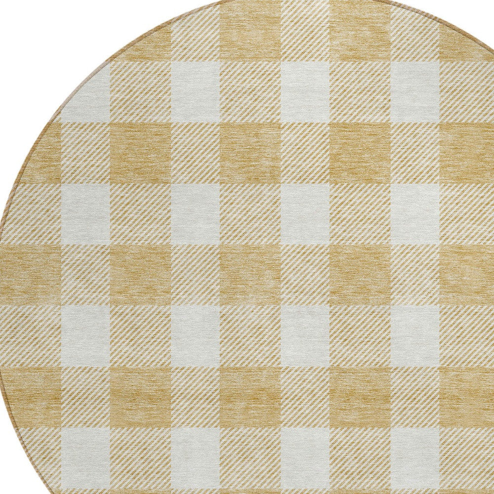 Tabselect Home Line 8' Gold And Beige Round Plaid Washable Indoor Outdoor Area Rug