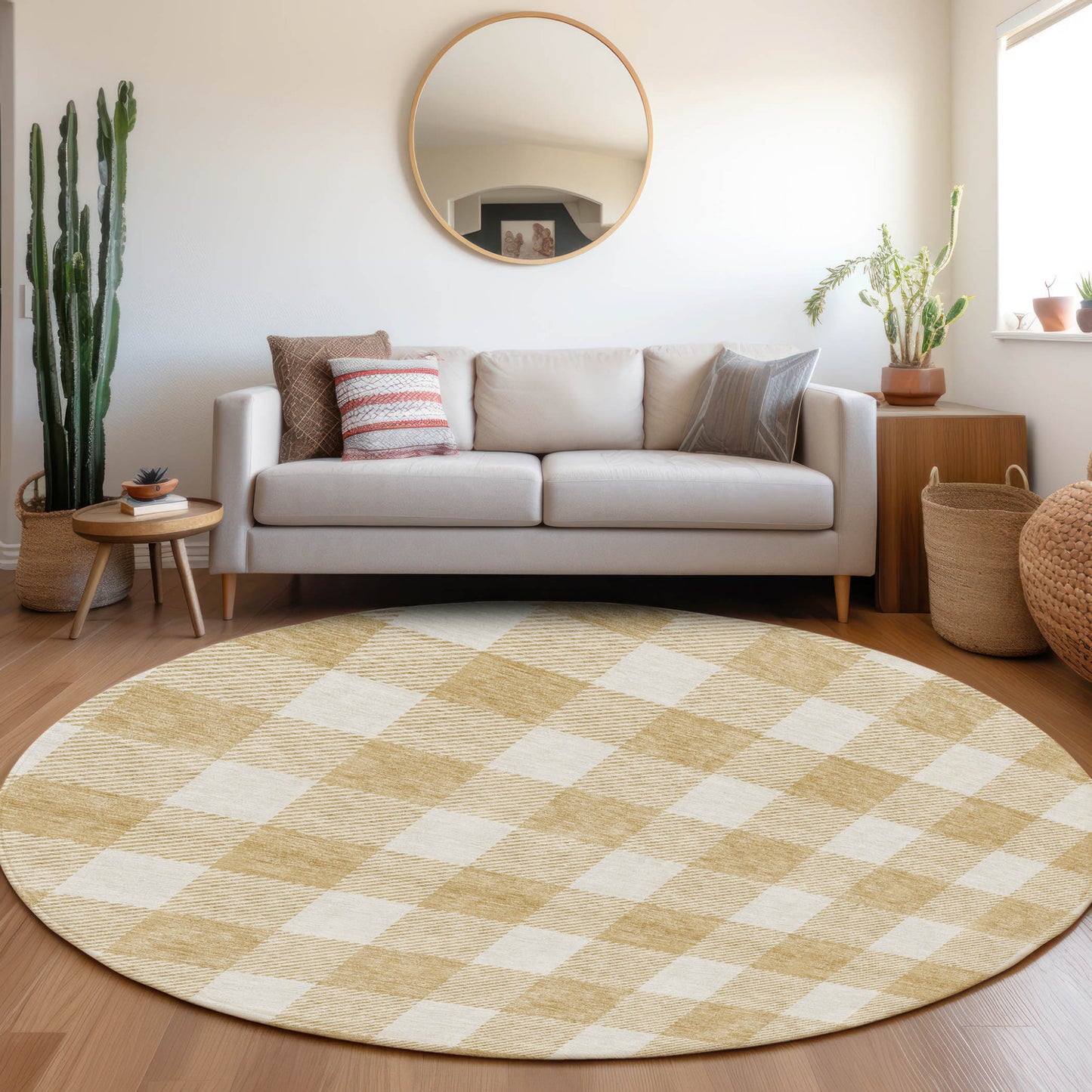 Tabselect Home Line 8' Gold And Beige Round Plaid Washable Indoor Outdoor Area Rug