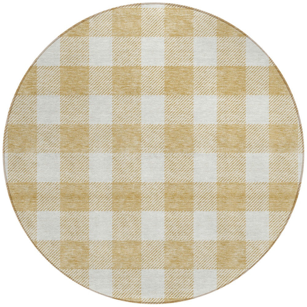 Tabselect Home Line 8' Gold And Beige Round Plaid Washable Indoor Outdoor Area Rug