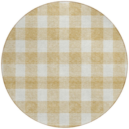 Tabselect Home Line 8' Gold And Beige Round Plaid Washable Indoor Outdoor Area Rug