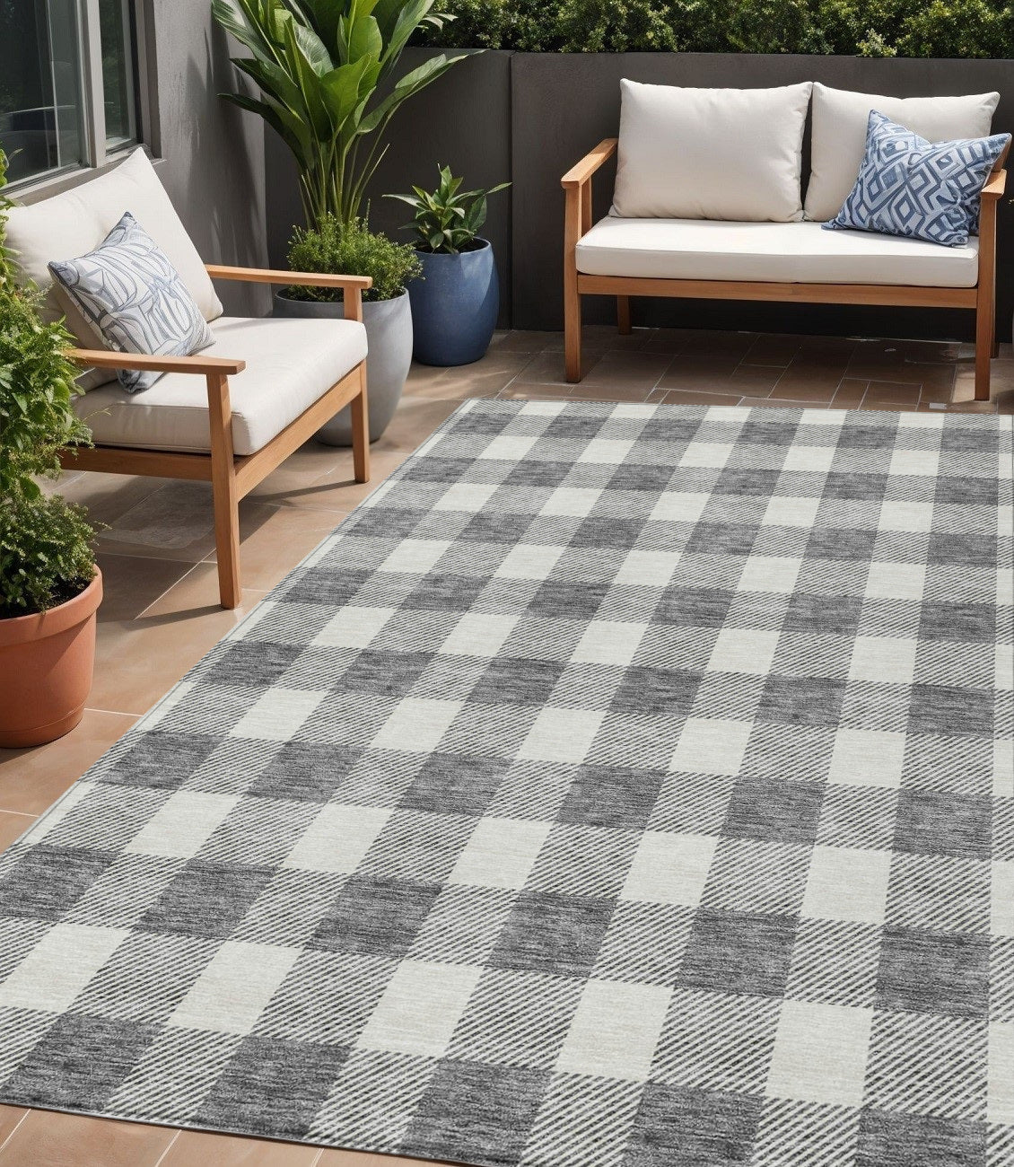 Tabselect Home Line 5' X 8' Gray And Charcoal Plaid Washable Indoor Outdoor Area Rug