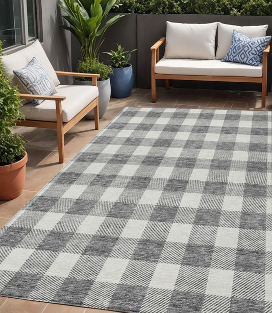 Tabselect Home Line 5' X 8' Gray And Charcoal Plaid Washable Indoor Outdoor Area Rug