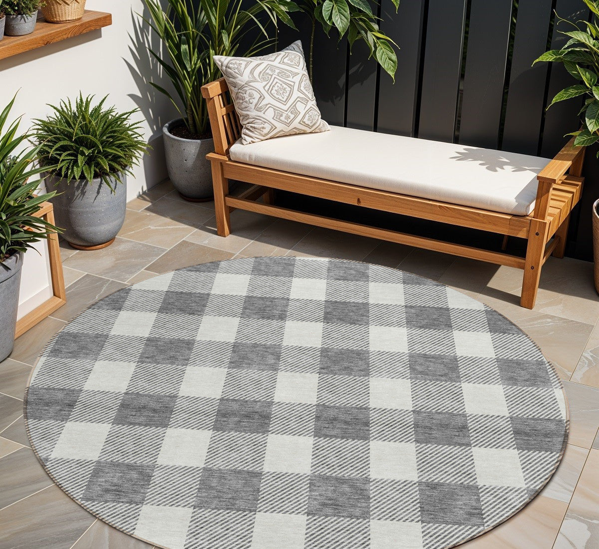 Tabselect Home Line 8' Gray And Charcoal Round Plaid Washable Indoor Outdoor Area Rug