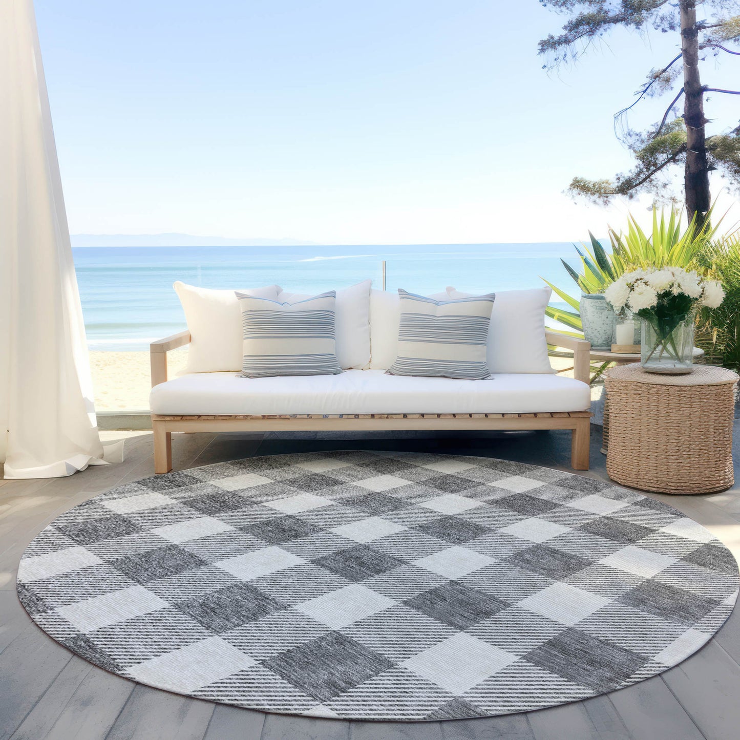 Tabselect Home Line 8' Gray And Charcoal Round Plaid Washable Indoor Outdoor Area Rug