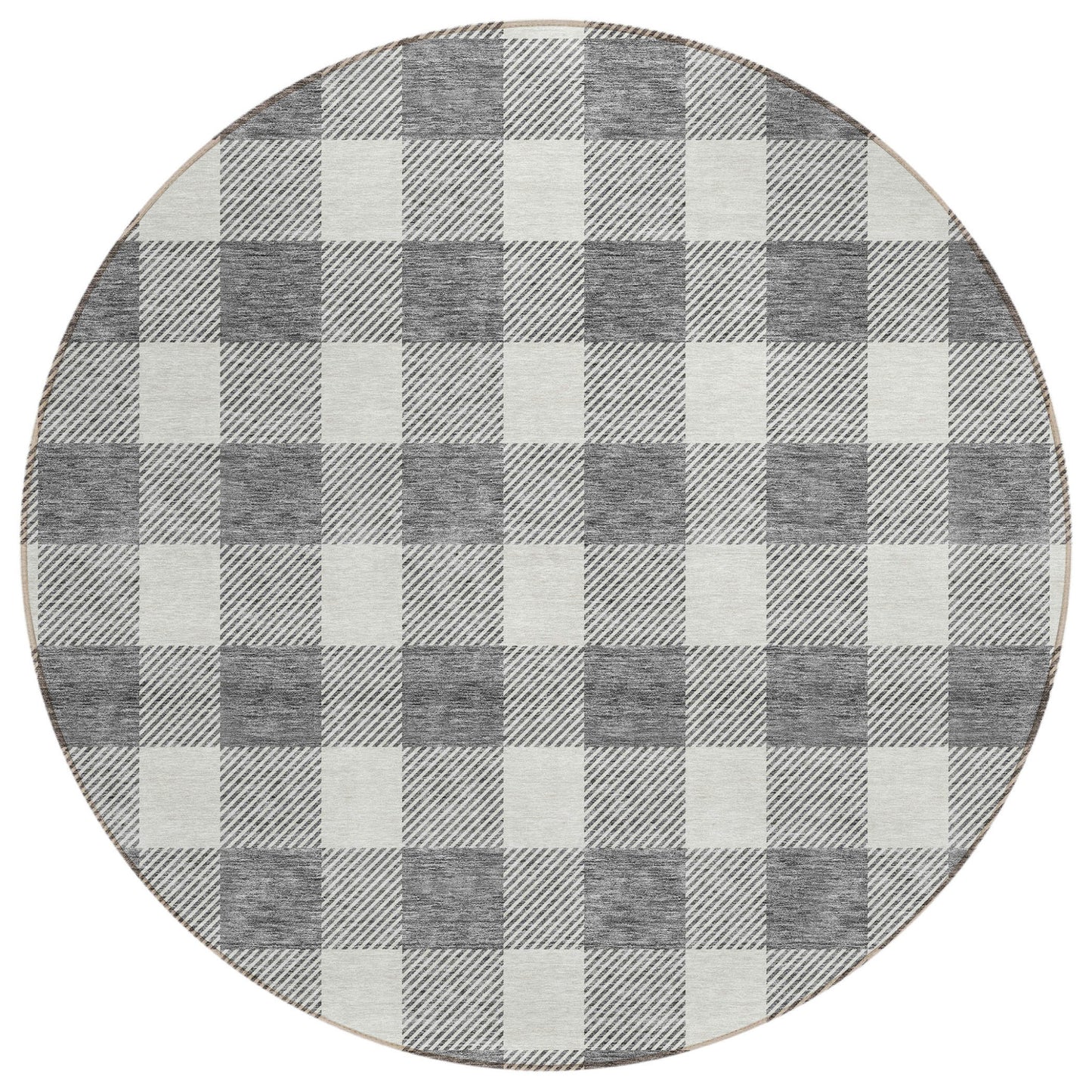 Tabselect Home Line 8' Gray And Charcoal Round Plaid Washable Indoor Outdoor Area Rug