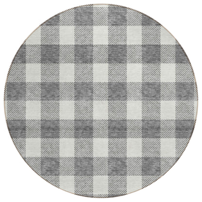 Tabselect Home Line 8' Gray And Charcoal Round Plaid Washable Indoor Outdoor Area Rug