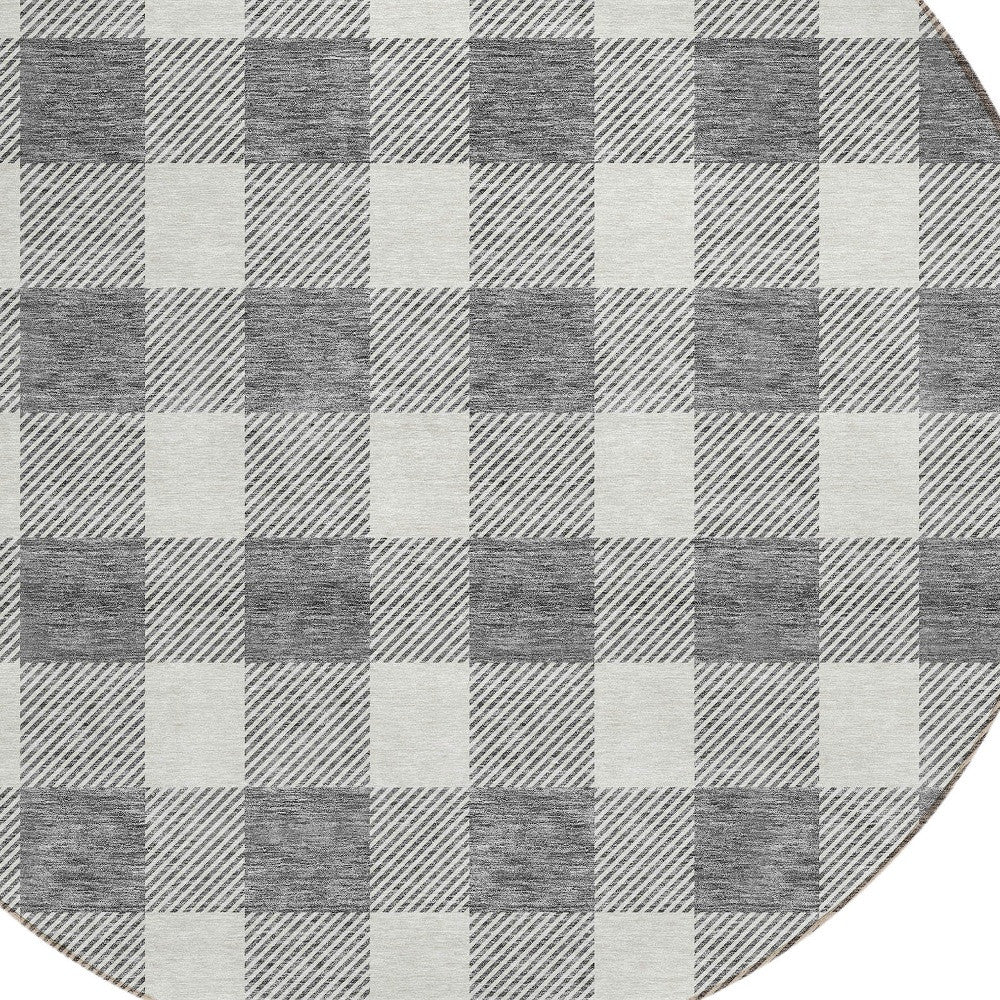 Tabselect Home Line 8' Gray And Charcoal Round Plaid Washable Indoor Outdoor Area Rug