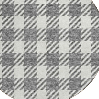 Tabselect Home Line 8' Gray And Charcoal Round Plaid Washable Indoor Outdoor Area Rug