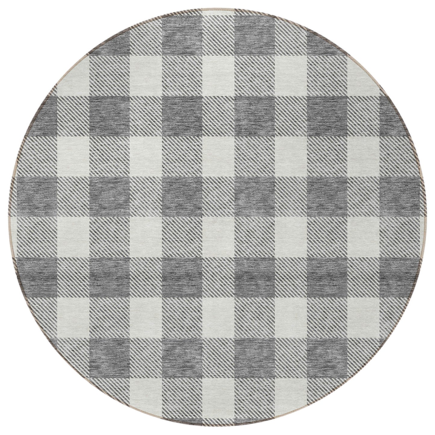 Tabselect Home Line 8' Gray And Charcoal Round Plaid Washable Indoor Outdoor Area Rug