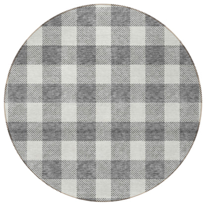 Tabselect Home Line 8' Gray And Charcoal Round Plaid Washable Indoor Outdoor Area Rug