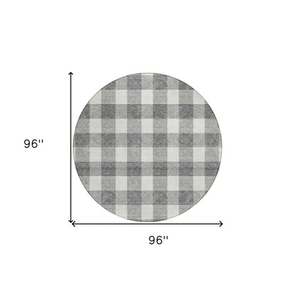 Tabselect Home Line 8' Gray And Charcoal Round Plaid Washable Indoor Outdoor Area Rug