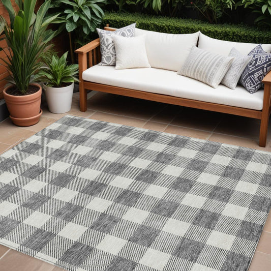 Tabselect Home Line 8' X 10' Gray And Charcoal Plaid Washable Indoor Outdoor Area Rug